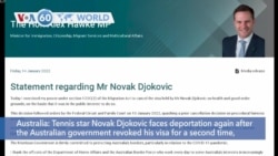 VOA60 World- Tennis star Novak Djokovic faces deportation again after the Australian government revoked his visa for a second time