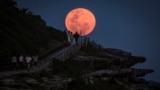 A super moon rises behind people standing on a headland near Sydney&#39;s Bondi Beach, Australia.