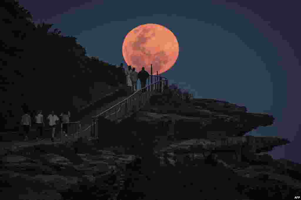 A super moon rises behind people standing on a headland near Sydney&#39;s Bondi Beach, Australia.