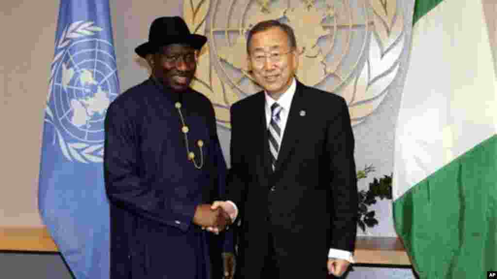 Ban Ki-moon, right, Secretary General of United Nations greets Goodluck Jonathan, President of Nigeria, Thursday, Sept. 22, 2011.