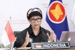Indonesia's Foreign Minister Retno Marsudi speaks during a virtual informal meeting with foreign ministers and representatives of the Association of Southeast Asian Nations (ASEAN), in Jakarta, March 2, 2021.