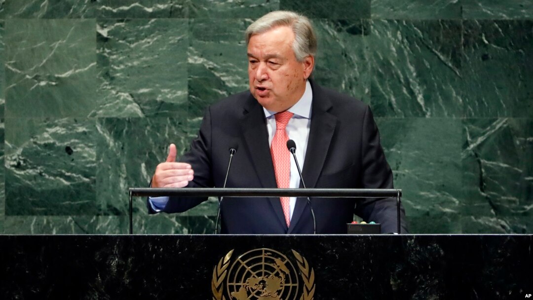 Sekjen PBB Antonio Guterres berpidato di hadapan sidang Majelis Umum PBB ke-73 di markas PBB, 25 September 2018.