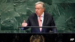 Sekjen PBB Antonio Guterres berpidato di hadapan sidang Majelis Umum PBB ke-73 di markas PBB, 25 September 2018.