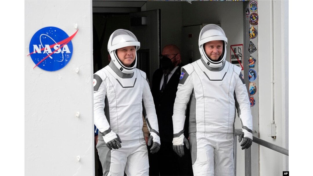 Roscosmos cosmonaut Aleksandr Gorbunov, left, and NASA astronaut Nick Hague at Cape Canaveral, Florida, Sept. 28, 2024.
