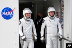 Roscosmos cosmonaut Aleksandr Gorbunov, left, and NASA astronaut Nick Hague at Cape Canaveral, Florida, Sept. 28, 2024.