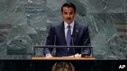 Qatar Emir Sheikh Tamim bin Hamad Al Thani addresses the 79th session of the United Nations General Assembly, Sept. 24, 2024.