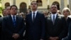 The new president of Venezuela's National Assembly, Juan Guaido, center, First Vice President Edgar Zambrano, left, and Second Vice President Stalin Gonzalez are pictured after the inauguration ceremony in Caracas, Jan. 5, 2019. 