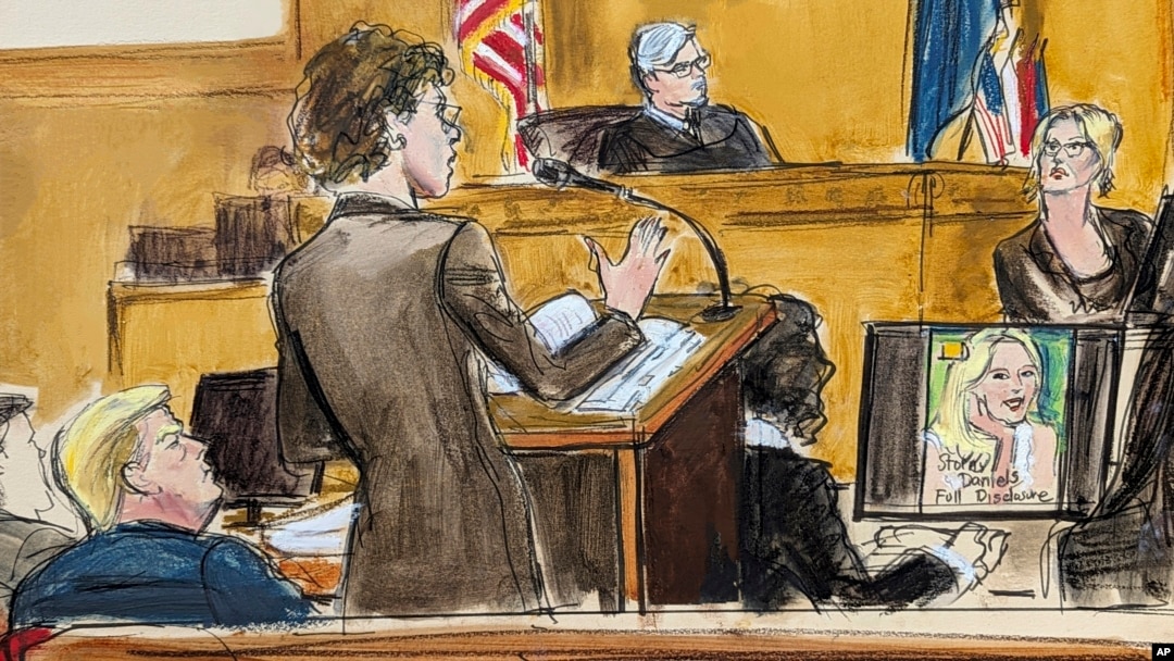 En este boceto de la sala del tribunal, la abogada defensora Susan Necheles (centro) interroga a Stormy Daniels, mientras el expresidente Donald Trump observa con el juez Juan Merchan presidiendo el juicio a Trump en el tribunal penal de Manhattan Nueva York. 7 de mayo de 2024. 