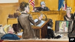 In this courtroom sketch, defense attorney Susan Necheles, center, cross-examines Stormy Daniels, far right, as former President Donald Trump, left, looks on with Judge Juan Merchan presiding during Trump's trial in New York City, May 7, 2024.