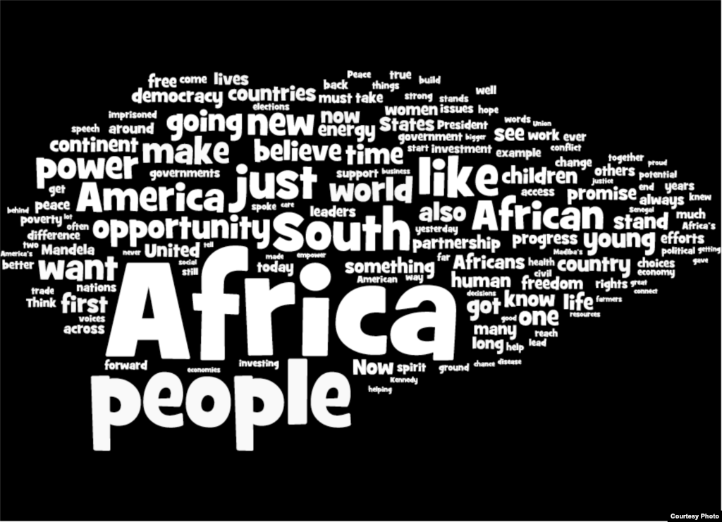 The most frequently used words and phrases in President Obama's speech in Cape Town on June 30, 2013. Courtesy of wordle.net