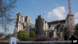 Notre Dame cathedral under reconstruction is pictured on the second anniversary of its blaze, April 15, 2021 in Paris.