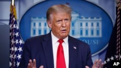 President Donald Trump speaks during a briefing with reporters in the James Brady Press Briefing Room of the White House, Monday, Aug. 3, 2020, in Washington.(AP Photo/Alex Brandon)