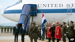 US Secretary of Defense James Mattis, right, participates in a Welcoming Ceremony with Croatian Minister of Defense Damir Krsticevic, upon landing in Zagreb, Croatia, Thursday, July 12, 2018.