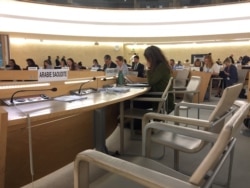 BM İnsan Hakları Konseyi'nin Cenevre'deki toplantısında Suudi Arabistan heyetinin koltuklarının boş kaldığı oturum, 23 Eylül 2019.