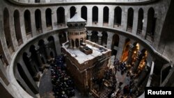 A general view of the Edicule of the Tomb at the Church of the Holy Sepulcher in Jerusalem's Old City, Feb. 28, 2018. Picture taken with a fish-eye lens.