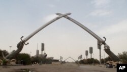 The Hands of Victory are missing the right hand, part of a government move to dismantle the Saddam-era monument.