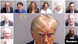 A combination picture shows police booking mugshots of former U.S. President Trump and the 18 people indicted with him