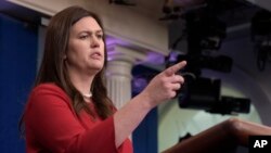 White House press secretary Sarah Huckabee Sanders speaks during the daily briefing at the White House in Washington, Aug. 2, 2017. 