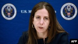 Sigal Mandelker, US Treasury Under Secretary for Terrorism and Financial Intelligence, addresses a press conference in Kampala, Uganda, as she visits east Africa, June 11, 2018. 