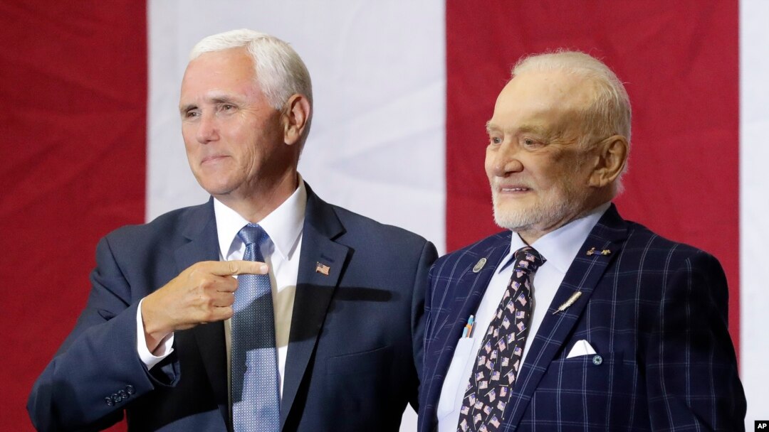 Vice President Mike Pence points to Apollo 11 astronaut Buzz Aldrin during an event at the Kennedy Space Center in recognition of the Apollo 11 anniversary, July 20, 2019, in Cape Canaveral, Fla.