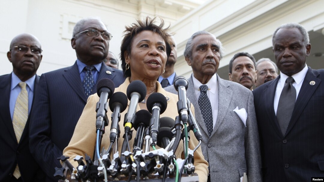 Rep. Barbara Lee, D-Calif., center, accompanied by fellow members of the Congressional Black Caucus, speaks to reporters outside the White House in Washington, following a meeting with President Barack Obama. (File Photo)