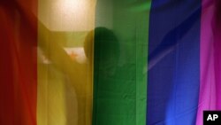 FILE - Daniel Halaby, a gay Syrian who fled from the Islamic State group, poses with the rainbow flag symbolic of LGBT rights in his apartment in southern Turkey, Oct. 22, 2015. 