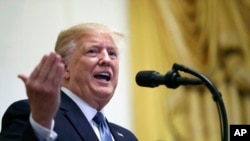 FILE - President Donald Trump speaks during the Young Black Leadership Summit at the White House in Washington, Oct. 4, 2019. An appeals panel heard arguments Oct. 23 that New York state investigators should not be permitted to see Trump's tax returns.