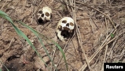 Des crânes humains soupçonnés appartenir à des victimes des affrontements entre l'armée gouvernementale et la milice Kamuina Nsapu sont visibles sur le bord de la route à Tshienke près de Kananga, Kasaï central, RDC, 12 mars 2017.