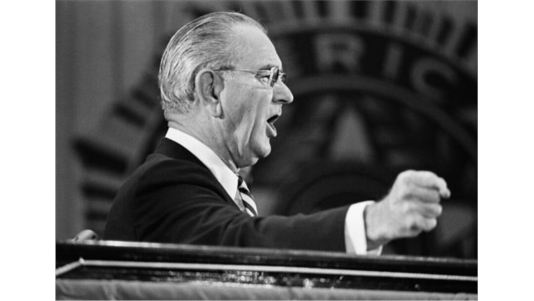 FILE - U.S. President Lyndon Johnson speaks at the national convention of the American Legion, Sept. 11, 1968.