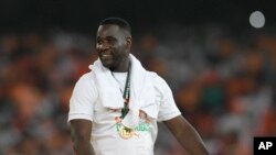 Ivory Coast 's interim coach Emerse Fae reacts after the winning the 2023 African Cup of Nations final against Nigeria, at the Olympic Stadium of Ebimpe in Abidjan, Ivory Coast, on February 11, 2024. 