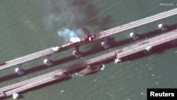 A satellite image shows the Kerch bridge in the Kerch Strait