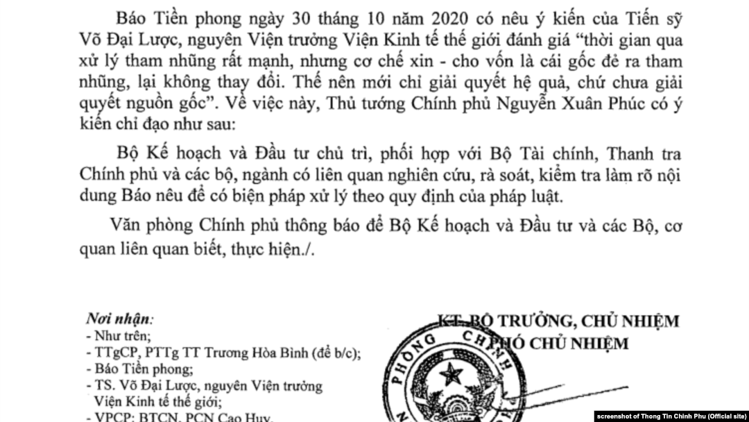 Công văn của Văn phòng Chính phủ hôm 9/11/2020 về "nghiên cứu, xử lý" cơ chế xin cho.