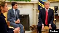 Tổng thống Mỹ Donald Trump (phải) tiếp Thủ tướng Canada Justin Trudeau tại Phòng Bầu Dục trước cuộc gặp bàn về NAFTA ngày 11/10/2017.