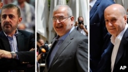 This combination of three photo shows, from left, Wafiq Safa, a top Hezbollah security official, and Lebanon Parliament members Muhammad Hasan Ra'd and Amin Sherri in Beirut. The U.S. Treasury Department is imposing sanctions on the three men.