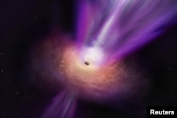 In this artist’s conception, the black hole’s massive jet is seen rising up from the center of the black hole. (S. Dagnello (NRAO/AUI/NSF)/Handout via REUTERS)