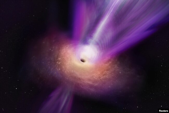 In this artist’s conception, the black hole’s massive jet is seen rising up from the center of the black hole. (S. Dagnello (NRAO/AUI/NSF)/Handout via REUTERS)