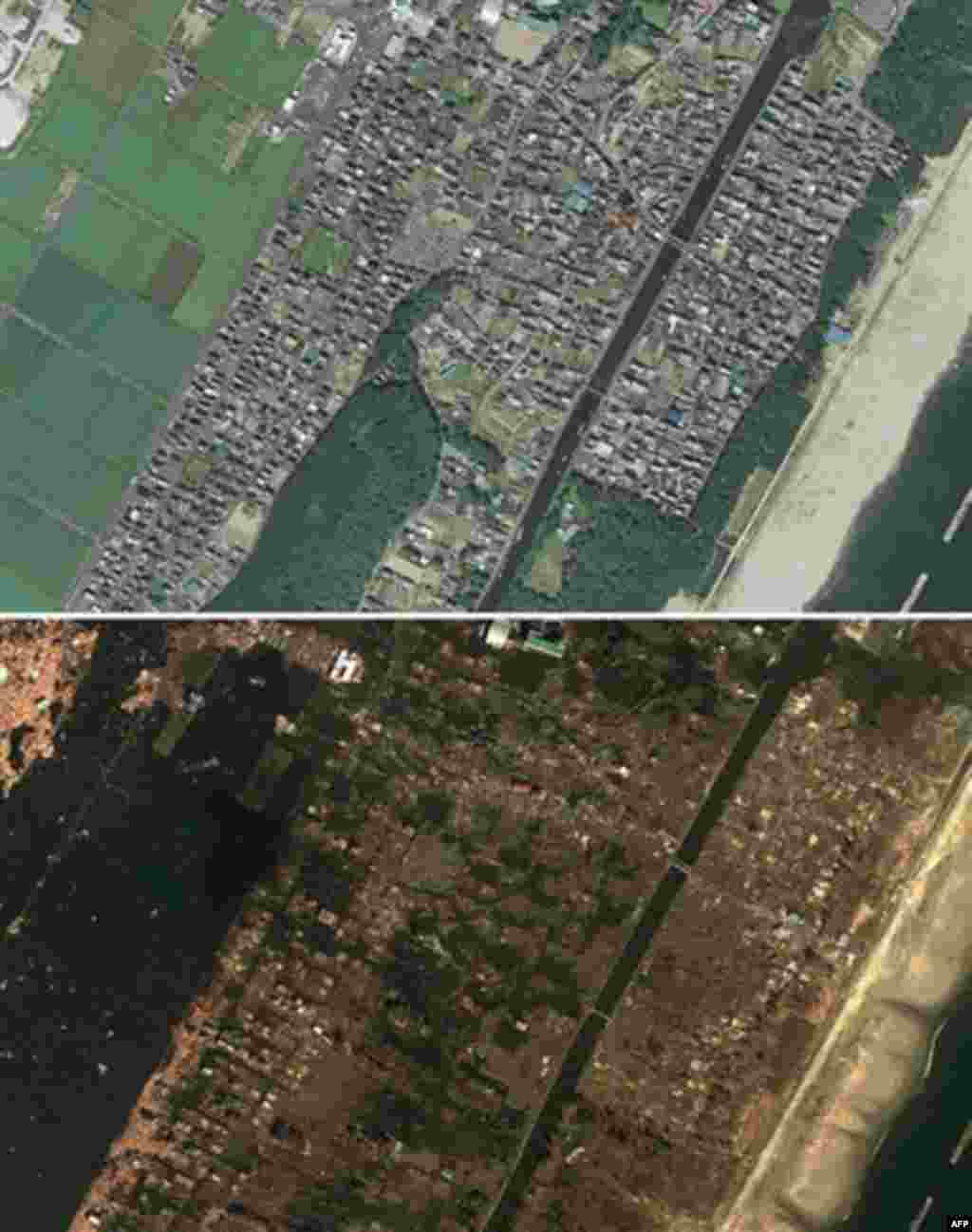 Redaktionshinweis: Nur zur redaktionellen, kostenfreien Verwendung und ausschliesslich bei Nennung der Quelle "Foto: Google/DigitalGlobe" +++ Eine Satellitenbild-Kombo zeigt oben den Ort Arahama im Nordosten von Japan, aufgenommen im Jahr 2008 und unten a