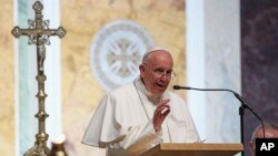 Pope Francis speaks to bishops during the midday prayer service at the Cathedral of St. Matthew in Washington, Sept. 23, 2015. 