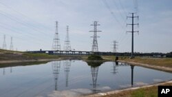 FILE - In this June 27, 2016, file photo, power lines are seen in Chesapeake, Virginia.