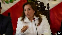 ARCHIVO - La presidenta de Perú, Dina Boluarte, habla durante una conferencia de prensa en Lima, el 8 de julio de 2024.