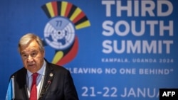 联合国秘书长古特雷斯2024年1月21日在乌干达首都坎帕拉出席“77国集团（G77）和中国”峰会时举行记者会。