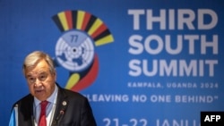 FILE - Secretary General of the United Nations Antonio Guterres conducts a press conference following the opening session of the Third South Summit of the Group of 77 and China (G77+China) in Kampala on January 21, 2024.