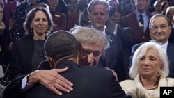 President Obama embraces Nobel Peace Prize laureate Elie Wiesel - Holocaust Memorial Museum, Washington, April 23, 2012.