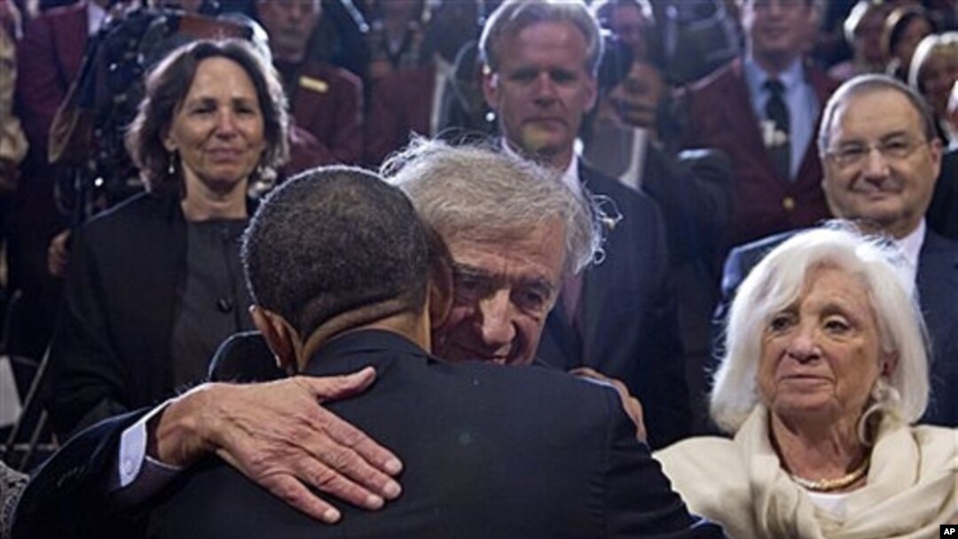President Obama embraces Nobel Peace Prize laureate Elie Wiesel - Holocaust Memorial Museum, Washington, April 23, 2012.