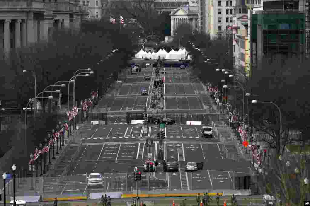 Security is set up along Pennsylvania Avenue during a dress rehearsal for the 59th inaugural ceremony for President-elect Joe Biden and Vice President-elect Kamala Harris at the U.S. Capitol in Washington, D.C.