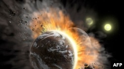 This undated NASA image obtained January 28, 2020 shows an artist’s concept illustration of a catastrophic collision between two rocky exoplanets in the planetary system BD +20 307, turning both into dusty debris. - (Photo by Lynette Cook / NASA / AFP) 