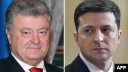 FILE - This combination of file pictures shows presidential candidates, Ukrainian President Petro Poroshenko (L), taken Nov. 3, 2018, and Ukrainian comic actor and showman Volodymyr Zelenskiy, taken March 6, 2019.