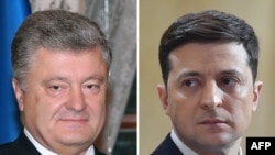 پترو پروشنکو (چپ) رئیس جمهوری فعلی و ولودیمیر زلنسکی کمدینی که به دور دوم رفته است. 