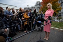 FILE - White House adviser Kellyanne Conway talks with reporters outside the White House, in Washington, Nov. 7, 2019.