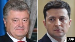 FILE - This combination of file pictures shows presidential candidates, Ukrainian President Petro Poroshenko (L), taken Nov. 3, 2018, and Ukrainian comic actor and showman Volodymyr Zelenskiy, taken March 6, 2019.